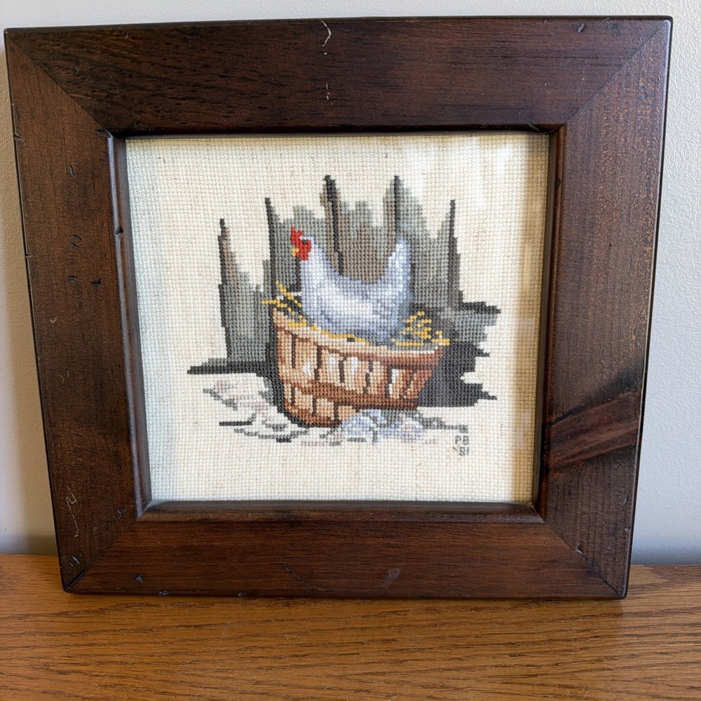 Vintage Nesting Hen Chicken Cross Stitch 1981 Wood Framed 10x10.5" Farm Country
